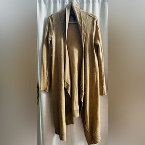 BCBG maxazria long, tan cardigan sweater.